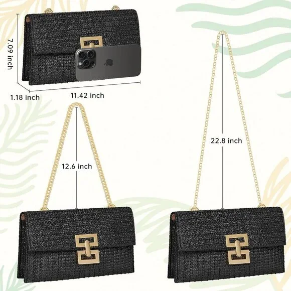 Black Woven Raffia Beach Clutch Crossbody Bag with Chain Strap for Women - Picture 4 of 7